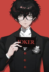 Rule 34 | 1boy, amamiya ren, black hair, black jacket, blazer, buttons, card, closed mouth, commentary, english commentary, english text, eroka404, glasses, hand up, highres, holding, holding card, jacket, looking at viewer, male focus, persona, persona 5, red background, school uniform, shirt, short hair, shuujin academy school uniform, simple background, solo, turtleneck, upper body, white shirt, yellow eyes
