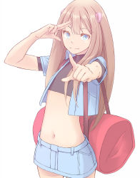 Rule 34 | 1girl, blue eyes, blue jacket, blue skirt, brown hair, collarbone, flat chest, hair ornament, index finger raised, jacket, long hair, looking at viewer, midriff, miniskirt, navel, noraico, open clothes, open jacket, original, short sleeves, simple background, skirt, solo, white background