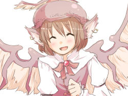 Rule 34 | 1girl, animal ears, bad id, bad pixiv id, blush, brown hair, closed eyes, earrings, female focus, happy, hat, jewelry, mystia lorelei, open mouth, short hair, simple background, smile, solo, sou (tuhut), touhou, white background, wings