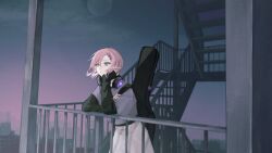 Rule 34 | 1girl, absurdres, artist name, black shirt, blue eyes, building, city, closed mouth, commentary request, dusk, floating hair, grey shirt, hair between eyes, hair ornament, hairclip, headphones, headphones around neck, highres, instrument case, instrument on back, kajiwara 3, leaning, long sleeves, original, outdoors, pink hair, railing, shirt, short hair, skirt, sky, sleeves past wrists, solo, stairs, star (sky), starry sky, white skirt