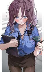 Rule 34 | 1girl, black necktie, black skirt, blue eyes, blush, breasts, clipboard, collarbone, highres, holding, holding clipboard, holding pen, large breasts, long hair, looking at viewer, messy hair, necktie, open mouth, original, outdoors, pantyhose, pen, police, police badge, police uniform, policewoman, ponytail, red hair, saya (mychristian2), shiny clothes, shiny legwear, skirt, solo, uniform, upper body, variant set, walkie-talkie