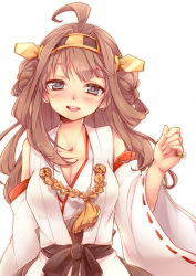 Rule 34 | 10s, 1girl, ahoge, bad id, bad pixiv id, blush, breasts, brown hair, cleavage, detached sleeves, hairband, headgear, japanese clothes, jewelry, kantai collection, kongou (kancolle), large breasts, long hair, looking at viewer, open mouth, personification, ribbon-trimmed sleeves, ribbon trim, ring, simple background, smile, solo, tobi (one), white background, wide sleeves