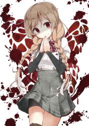 Rule 34 | 1girl, ahoge, bike shorts, black thighhighs, blonde hair, blood, blood on face, blood splatter, blush, bow, bowtie, braid, breasts, closed mouth, commentary request, cowboy shot, crazy smile, detached sleeves, empty eyes, grey skirt, head tilt, high-waist skirt, highres, kantai collection, long hair, long sleeves, looking at viewer, medium breasts, minegumo (kancolle), multicolored background, own hands together, red bow, red bowtie, red eyes, shaded face, shirt, short sleeves, shorts, shorts under skirt, skirt, smile, solo, suspender skirt, suspenders, tareme, thighhighs, thighs, twin braids, white shirt, yandere, yopan danshaku
