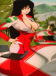 Rule 34 | 1990s (style), 1girl, absurdres, alcohol, anime screenshot, beer, black hair, breasts, brown eyes, cleavage, female focus, golden boy, highres, large breasts, lipstick, long hair, looking at viewer, makeup, red lips, retro artstyle, screencap, solo, stitched, terayama reiko, third-party edit