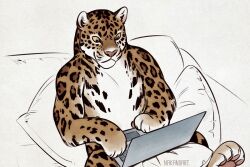Rule 34 | animal focus, artist name, cheetah, closed mouth, commentary, computer, english commentary, foot out of frame, indoors, laptop, nana nakano, no humans, original, sitting