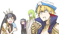 Rule 34 | 1boy, 1other, 2girls, absurdres, androgynous, arabian clothes, bad id, bad twitter id, bare shoulders, black hair, blonde hair, collar, commentary request, constricted pupils, crown, cup, earrings, enkidu (fate), fate/grand order, fate/strange fake, fate (series), food, gauntlets, gilgamesh, gilgamesh (caster) (fate), gilgamesh (fate), green hair, hair between eyes, high collar, highres, hood, hoop earrings, ishtar (fate), jewelry, kankan33333, long hair, medusa (fate), medusa (lancer) (fate), medusa (rider) (fate), meme, multiple boys, multiple girls, open mouth, pointing, popsicle, purple eyes, purple hair, red eyes, rider, robe, saliva, short hair, smile, surprised, trap, very long hair, white background, wide-eyed