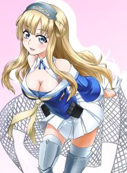 Rule 34 | 1girl, akito (sub707), blonde hair, blue eyes, blue shirt, breasts, cargo net, cleavage, commentary request, cowboy shot, double bun, fletcher (kancolle), gloves, gradient background, hair bun, hairband, highres, kantai collection, large breasts, leaning forward, long hair, looking at viewer, neckerchief, off shoulder, open mouth, pink background, pleated skirt, sailor collar, school uniform, serafuku, shin guards, shirt, skirt, smile, solo, standing, thighhighs, white gloves, white sailor collar, white skirt, white thighhighs, yellow neckerchief
