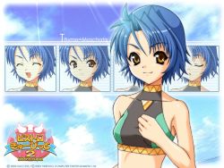 Rule 34 | 00s, 1girl, 2003, ahoge, bistro cupid, bistro cupid 2, blue hair, brown eyes, character name, copyright name, halterneck, logo, official art, official wallpaper, pandaki (aki), short hair, smile, solo, thyme moschata, wallpaper