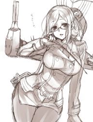 Rule 34 | 10s, 1girl, :3, ahoge, anchor symbol, arm up, blazer, blush, breasts, buttons, cannon, character name, collared shirt, commentary request, cowboy shot, crossed legs, double-breasted, dress shirt, epaulettes, eyes visible through hair, folded ponytail, glasses, jacket, kantai collection, katori (kancolle), large breasts, lips, long hair, long sleeves, looking at viewer, military, military uniform, miniskirt, monochrome, necktie, pantyhose, parted lips, pencil skirt, pince-nez, pinky out, rigging, round eyewear, semi-rimless eyewear, shirt, side slit, sidelocks, sketch, skirt, solo, swept bangs, takatsuki ichi, text focus, thick thighs, thighs, turret, under-rim eyewear, uniform, wide hips, wing collar
