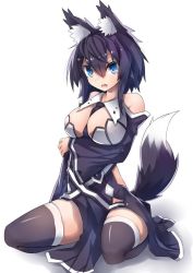 Rule 34 | 1girl, 307, animal ears, bare shoulders, between breasts, black hair, black legwear, blue eyes, breast hold, breasts, jpeg artifacts, looking at viewer, md5 mismatch, necktie, open mouth, original, simple background, solo, tail, thighhighs, white background