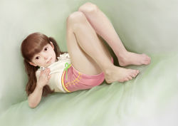 Rule 34 | 1girl, artist request, barefoot, brown hair, child, feet, highres, looking at viewer, short shorts, shorts, solo, thighs, twintails