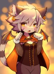 Rule 34 | 1girl, animal ears, blush, breasts, brown eyes, cape, cat ears, cat tail, crunchobar, elh melizee, facial mark, female focus, furry, furry female, grey hair, halloween, highres, little tail bronx, open mouth, paw pose, short hair, small breasts, solatorobo, solo, tail, wings