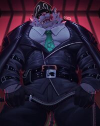 Rule 34 | 1boy, animal ears, arm belt, bara, belt, between pectorals, black gloves, black headwear, cancerdoge, dislyte, dominator (bdsm), feet out of frame, foreshortening, from below, furry, furry male, gloves, green necktie, highres, jacket, jin qiu (ru shou) (dislyte), leather, leather jacket, licking lips, male focus, multiple belts, necktie, necktie between pectorals, pants, pectorals, seductive smile, smile, solo, sunglasses, thick thighs, thighs, tiger boy, tiger ears, tongue, tongue out, white fur