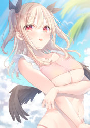Rule 34 | 1girl, absurdres, black wings, blonde hair, blush, breasts, cleavage, collarbone, commentary request, eyes visible through hair, fallen angel, feathered wings, highres, holding own arm, kmr 7m, looking at viewer, medium breasts, navel, original, red eyes, solo, tongue, tongue out, underboob, wings