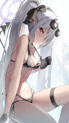 Rule 34 | 1girl, bare shoulders, bikini, black bikini, black bow, black gloves, blue archive, bow, breasts, commentary request, demon tail, eyes visible through hair, eyewear on head, feet out of frame, gloves, grey hair, hair bow, hair over one eye, halo, halterneck, highres, iori (blue archive), iori (swimsuit) (blue archive), long hair, looking at viewer, medium breasts, multi-strapped bikini bottom, natuna natu, red eyes, side-tie bikini bottom, simple background, sitting, solo, string bikini, sunglasses, swimsuit, tail, thigh strap, twintails, very long hair, white background