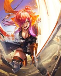 Rule 34 | 1girl, breasts, cleavage, commission, daniel deng, dual wielding, fire emblem, fire emblem: three houses, fire emblem warriors: three hopes, glowing, glowing eyes, glowing hair, gradient hair, hair bun, hair over one eye, highres, holding, horns, long hair, looking at viewer, multicolored hair, nintendo, open mouth, purple hair, shez (female) (fire emblem), shez (fire emblem), single hair bun, slashing, solo, sword, weapon