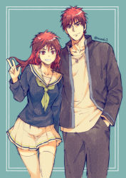Rule 34 | 1boy, 1girl, breasts, closed mouth, commentary request, dual persona, eyebrows, genderswap, genderswap (mtf), grin, hand in pocket, height difference, jewelry, kagami taiga, kuroko no basuke, long hair, long sleeves, looking at viewer, necklace, open clothes, pants, red eyes, red hair, ring, ring necklace, school uniform, shirt, short hair, skirt, smile, thighhighs, torisu, v, white shirt, white thighhighs