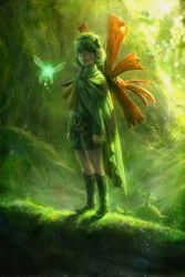 Rule 34 | 1girl, absurdres, ag+ (atelieriji), arms at sides, atelieriji, boots, cape, fairy, forest, forest medallion, full body, great deku sprout, green footwear, green hair, green theme, hairband, highres, knee boots, kokiri, making-of available, medal, medallion, nature, nintendo, pointy ears, realistic, saria (zelda), short hair, shorts, solo, standing, the legend of zelda, the legend of zelda: ocarina of time