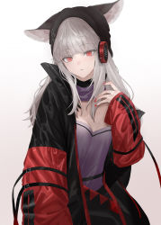 Rule 34 | 1girl, absurdres, animal ears, arknights, artist name, behind-the-head headphones, black coat, black hat, breasts, cleavage, closed mouth, coat, cowboy shot, ears through headwear, fox ears, frostleaf (arknights), grey background, grey hair, hat, headphones, highres, implied extra ears, long hair, long sleeves, looking at viewer, medium breasts, multicolored coat, nail polish, open clothes, open coat, red coat, red eyes, red nails, sawatani ( swt2), simple background, solo, two-tone coat