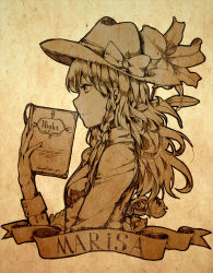 Rule 34 | 1girl, alternate costume, book, bow, braid, character name, closed mouth, cowboy hat, flower, from side, hat, hat bow, holding, holding book, jacket, kirisame marisa, long hair, long sleeves, monochrome, norizc, profile, rose, sepia, smile, solo, touhou