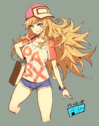 Rule 34 | 1girl, artist name, blonde hair, blue eyes, bracelet, breasts, dated, fbc, grey background, hat, headgear, idolmaster, jewelry, long hair, looking at viewer, messy hair, ohtsuki yui, open mouth, pink hat, short sleeves, shorts, simple background, solo, spiked hair, very long hair