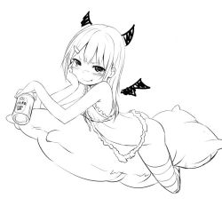 Rule 34 | 1girl, alcohol, beer, blush, can, greyscale, hair ornament, hairclip, horns, lineart, long hair, monochrome, simple background, smile, solo, thighhighs, white background, wings, zaxwu