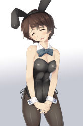 Rule 34 | 10s, 1girl, absurdres, akiyama yoshiko, animal ears, bad id, bad pixiv id, black bow, black bowtie, black pantyhose, bow, bowtie, breasts, brown hair, cleavage, closed eyes, detached collar, fake animal ears, girls und panzer, gradient background, grey background, head tilt, highres, leotard, mature female, md5 mismatch, nksk, own hands together, pantyhose, playboy bunny, rabbit ears, short hair, solo, standing, wrist cuffs
