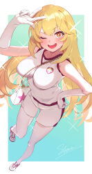 Rule 34 | 1girl, ;d, absurdres, bag, blonde hair, blush, breasts, brown eyes, commentary request, elbow gloves, emblem, full body, gloves, gym shirt, gym shorts, gym uniform, hand up, handbag, highres, large breasts, long hair, looking at viewer, one eye closed, open mouth, school emblem, shirt, shoes, shokuhou misaki, shorts, shou manjirou, sleeveless, sleeveless shirt, smile, sneakers, solo, sparkle, sparkling eyes, standing, star (symbol), thighhighs, thighs, toaru kagaku no railgun, toaru kagaku no railgun t, toaru majutsu no index, tokiwadai school gym uniform, very long hair, w, white footwear, white shirt, white shorts, white thighhighs