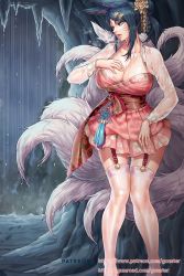Rule 34 | 1girl, ahri (league of legends), animal ears, black hair, breasts, cave, cleavage, dress, dynasty ahri, facial mark, fox ears, frilled skirt, frills, full body, garter straps, gonster, hair bun, hair ornament, half-closed eyes, hanbok, hand on own chest, korean clothes, large breasts, league of legends, long sleeves, looking to the side, official alternate costume, parted lips, rain, single hair bun, skirt, solo, thighhighs, wet, wet clothes, whisker markings, yellow eyes, zettai ryouiki