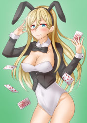 Rule 34 | 1girl, anti (untea9), black bow, black bowtie, black jacket, blonde hair, blue eyes, blush, bow, bowtie, breasts, card, cleavage, closed mouth, commentary request, cowboy shot, cropped jacket, gradient background, green background, hair between eyes, highres, jacket, kantai collection, large breasts, leotard, long hair, looking at viewer, mole, mole under eye, mole under mouth, playboy bunny, richelieu (kancolle), smile, solo, white leotard