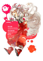 Rule 34 | 1girl, boots, bow, coffeefox33, english text, engrish text, female focus, fujiwara no mokou, full body, hair bow, hands on own hips, highres, long hair, open clothes, open shirt, pants, ranguage, red eyes, shirt, silver hair, simple background, smirk, solo, suspenders, touhou, very long hair