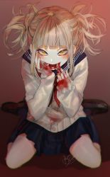 Rule 34 | 10s, 1girl, bags under eyes, beni (bn12x20), blonde hair, blood, blood from mouth, blood on clothes, blue skirt, blush, boku no hero academia, cardigan, commentary request, double bun, fang, finger to mouth, gradient background, hair bun, hand on own cheek, hand on own face, highres, kneehighs, loafers, looking at viewer, makeup, mascara, medium hair, messy hair, school uniform, serafuku, shadow, shoes, signature, sitting, skirt, sleeves past wrists, smile, socks, solo, toga himiko, wariza, yellow eyes