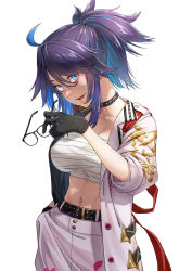 Rule 34 | black hair, blue eyes, blue hair, collar, glasses, glasses removed, hand in pocket, highres, indie virtual youtuber, kson, looking at viewer, midriff, mole, mole under eye, multicolored hair, navel, nisui, sarashi, studded collar, two-tone hair, virtual youtuber