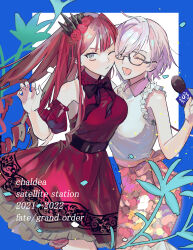 Rule 34 | 2girls, :t, baobhan sith (chaldea satellite station) (fate), baobhan sith (fate), bare shoulders, black bow, blue background, blush, bow, breasts, cheek-to-cheek, closed eyes, dress, english text, fate/grand order, fate (series), floral print, flower, glasses, grey eyes, hair flower, hair ornament, hand up, heads together, highres, kitou saji, long hair, looking at viewer, mash kyrielight, microphone, multicolored background, multiple girls, nail polish, one eye closed, pink hair, pink nails, pointy ears, red dress, red flower, red hair, shirt, sidelocks, skirt, sleeveless, sleeveless dress, sleeveless shirt, smile, white background, white footwear