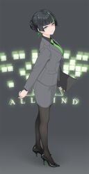 Rule 34 | 1girl, allmind (armored core 6), armored core, armored core 6, black footwear, black hair, black pantyhose, black shirt, breasts, character name, commentary request, earrings, folder, formal, green eyes, green hair, green nails, green necktie, grey background, grey skirt, grey suit, high heels, highres, holding, holding folder, jewelry, light smile, long sleeves, medium breasts, mole, mole under mouth, multicolored hair, necktie, office lady, pantyhose, pencil skirt, rokuwata tomoe, shirt, skirt, solo, streaked hair, suit