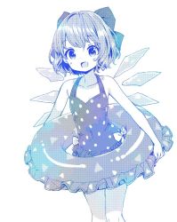 Rule 34 | 1girl, :d, ama-tou, blue theme, bow, casual one-piece swimsuit, cirno, collarbone, eyelashes, flat chest, frills, hair bow, halftone, innertube, looking at viewer, monochrome, one-piece swimsuit, open mouth, polka dot, polka dot swimsuit, ribbon, short hair, simple background, smile, solo, swim ring, swimsuit, tareme, touhou, white background, wings