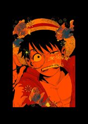 Rule 34 | 1boy, animal, black eyes, black hair, clenched teeth, commentary request, english text, facial scar, fish, hat, highres, holding, larugo0513, looking at viewer, male focus, monkey d. luffy, one piece, open clothes, scar, scar on cheek, scar on face, short hair, solo, straw hat, teeth