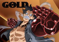 Rule 34 | 1boy, abs, black hair, clenched teeth, colored skin, fighting stance, gear fourth, hat, highres, kojima keisuke, logo, looking at viewer, monkey d. luffy, multicolored skin, muscular, muscular male, official art, one piece, one piece film: gold, open clothes, open shirt, open vest, pectorals, red skin, scar, scar on chest, serious, short hair, steam, stomach, straw hat, teeth, v-shaped eyebrows, vest