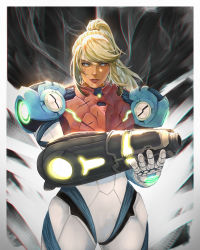 Rule 34 | 1girl, absurdres, arm cannon, blonde hair, blue eyes, dirty, dirty face, glowing, highres, jun tran, looking at viewer, metroid, metroid dread, nintendo, parted lips, power suit, samus aran, scar, second-party source, serious, solo, standing, weapon