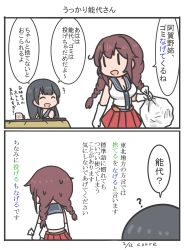 Rule 34 | 2girls, agano (kancolle), blush, braid, breasts, cleavage, cup, curse (023), gloves, highres, kantai collection, long hair, multiple girls, necktie, noshiro (kancolle), short sleeves, skirt, table, translation request, trash bag, twintails, uniform, white gloves