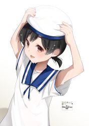 Rule 34 | 1girl, :d, black hair, brown eyes, dated, dress, from above, hat, hiburi (kancolle), highres, kantai collection, kimura shiki, looking at viewer, low ponytail, one-piece swimsuit, open mouth, sailor collar, sailor dress, sailor hat, short hair, short sleeves, simple background, smile, solo, swimsuit, twitter username, upper body, white background, white dress, white hat