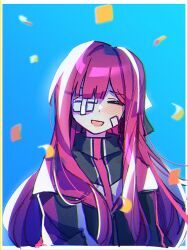Rule 34 | 1girl, :d, bandage over one eye, bandaid, bandaid on cheek, bandaid on face, black jacket, blue background, blush, border, closed eyes, collared jacket, facing viewer, floating, gauze on face, gwamang, head tilt, highres, jacket, limbus company, long bangs, long hair, long sleeves, open mouth, project moon, red hair, sidelocks, simple background, smile, solo, straight hair, upper body, white border, yuri (project moon)
