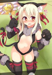 Rule 34 | 1girl, animal ears, animal hands, bad id, bad twitter id, black leotard, black thighhighs, blonde hair, blush, cat ears, cat tail, center opening, dangeroes beast (illya), elbow gloves, fake animal ears, fate/kaleid liner prisma illya, fate (series), flat chest, gloves, illyasviel von einzbern, kneeling, leotard, long hair, magical ruby, navel, official alternate costume, open mouth, paw gloves, paw shoes, red eyes, sasahara wakaba, shoes, solo, tail, thighhighs