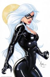 Rule 34 | 1girl, black bodysuit, black cat (marvel), blue eyes, bodysuit, claws, comic, copyright name, domino mask, felicia hardy, fur, highres, lipstick, looking at viewer, makeup, marvel, mask, moon, red lips, signature, simple background, skin tight, white hair, yellow moon, zipper