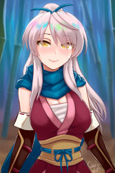 Rule 34 | 1girl, bamboo, bamboo forest, black gloves, blue background, blue scarf, blurry, blurry background, breasts, ciderwrath, cleavage, fire emblem, fire emblem: radiant dawn, fire emblem heroes, forest, gloves, grey hair, hair tie, large breasts, long hair, long scarf, looking at viewer, micaiah (fire emblem), micaiah (ninja) (fire emblem), nature, ninja, nintendo, official alternate costume, official alternate hairstyle, outdoors, parted bangs, ponytail, sash, scarf, signature, smile, solo, yellow eyes