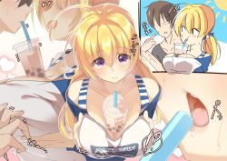 Rule 34 | 1boy, 1girl, absurdres, ahoge, between breasts, blonde hair, blush, breast hold, breasts, bubble tea, bubble tea challenge, character request, check character, comic, commentary request, cup, day, disposable cup, drinking straw, from above, hakoniwa-boxer, heart, highres, large breasts, lena liechtenauer, lips, looking at viewer, off-shoulder shirt, off shoulder, open mouth, pointing, pointing at self, purple eyes, raglan sleeves, senren banka, shirt, striped clothes, striped shirt, sun, sweat, translation request, trembling, yuzu-soft