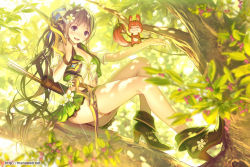 Rule 34 | 1girl, archery, arrow (projectile), bare shoulders, blush, boots, bow, bow (weapon), bracelet, breasts, brown hair, cleavage, detached sleeves, female focus, flower, grey eyes, hair bow, hair flower, hair ornament, hair ribbon, in tree, jewelry, leaf bikini, long hair, looking at viewer, mana kakkowarai, open clothes, open mouth, open vest, original, pleated skirt, pointy ears, ponytail, quiver, ribbon, short sleeves, sitting, sitting in tree, skirt, smile, solo, squirrel, thigh strap, thighs, tree, very long hair, vest, weapon