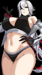 Rule 34 | 1girl, arlecchino (genshin impact), bare shoulders, black background, black eyes, black hair, black panties, breasts, commentary request, cowgirl position, genshin impact, hand on own hip, hella p, highres, korean commentary, large breasts, long hair, looking at viewer, multicolored hair, navel, off shoulder, panties, parted lips, red pupils, simple background, solo, stomach, straddling, streaked hair, symbol-shaped pupils, thighs, underwear, white hair, x-shaped pupils