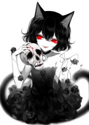 Rule 34 | 1girl, :d, absurdres, animal ears, artist name, bare arms, bare shoulders, black choker, black dress, black flower, black hair, black rose, blood, cat ears, cat tail, choker, crescent, crescent choker, dress, eyelashes, fangs, flower, hand up, highres, holding, holding skull, limited palette, looking to the side, nail polish, open mouth, original, red eyes, red nails, rose, sheya, signature, simple background, skull, smile, solo, spot color, strapless, strapless dress, tail, thorns, white background