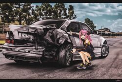 Rule 34 | 1girl, black footwear, black hair, black jacket, bmw, bmw 3 series, bmw e36, car, cloud, damaged, highres, horns, jacket, letterboxed, license plate, looking at viewer, motor vehicle, multicolored hair, nougat (73r1r1), original, pink eyes, pink hair, ponytail, shirt, shoes, signature, skirt, sky, smile, sneakers, solo, streaked hair, tree, v-shaped eyebrows, vehicle focus, yellow shirt, yellow skirt